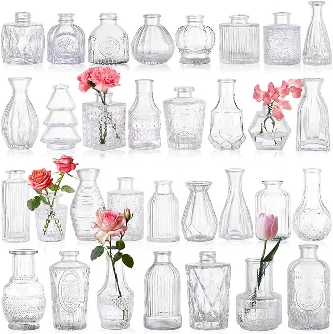 32pcs Glass Bud Vases,Small Clear Vases,Wedding Centerpiece Table Decorations,Clear Vintage Embossed Mini Vase,Flower Arrangements in Vases for Party or Home Decor
