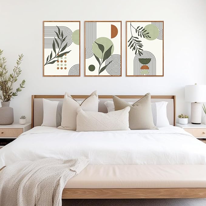 KAlRNE Sage Green Boho Beige Framed Canvas Wall Art Set of 3(16”X24”),Abstract Geometric Line Leaf Wall Decor,Botanical Minimalist Neutral Art Prints For Living Room Bedroom Office