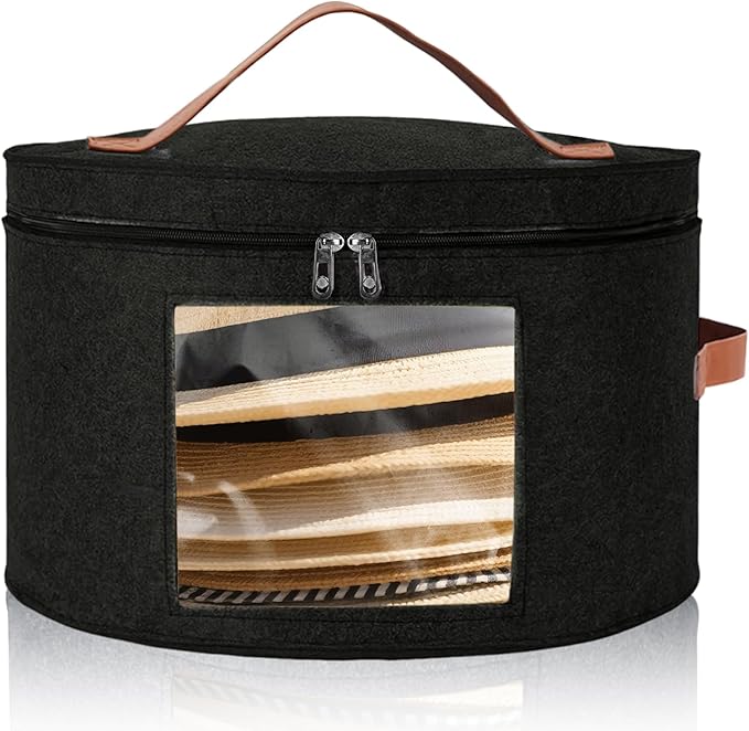 Round Hat Box, Stackable Felt Hat Boxes for Women Storage, Foldable Premium Hat Travel Case with Dustproof Lid, Space Saving Hat Organizer(Black)