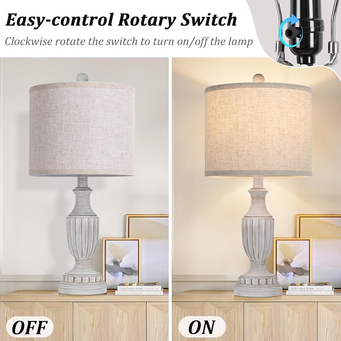 TOBUSA Farmhouse Living Room Table Lamps Set of 2, Grey Rustic Vintage Table Lamps for Bedroom Nightstand, Antique Bedside Desk Lamps with Linen Shade, 22’’ Traditional Resin Lamp Sets for End Table