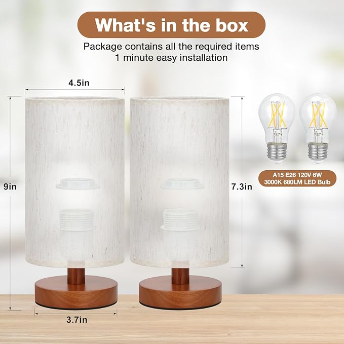 Fenmzee Small Lamps Set of 2 - Inline Control, Bedside Table Lamp for Bedroom with 3000K A15 LED Blub, Easy Assembly (Cream Shade - Walnut Base Set of 2, 9" Inline Control)