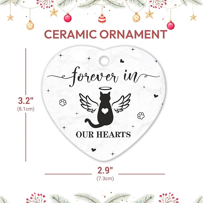 Hyturtle Cat Memorial Heart Ornament - Ceramic Pet Loss Keepsake with Angel Wings - Forever in Our Hearts Remembrance Christmas Ornament for Cat Lovers - 3 Inch Ceramic Hanging Gift Memorial 7
