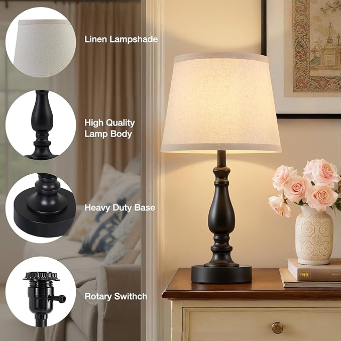 Lamp for Bedroom Set of 2 - 19" Small Bedside Table Lamps with Rotary Swithch - Modern Lamps for Living Room Night stands - Desk Lamps for Home Office End Tables with Fabric Linen shade for Reading