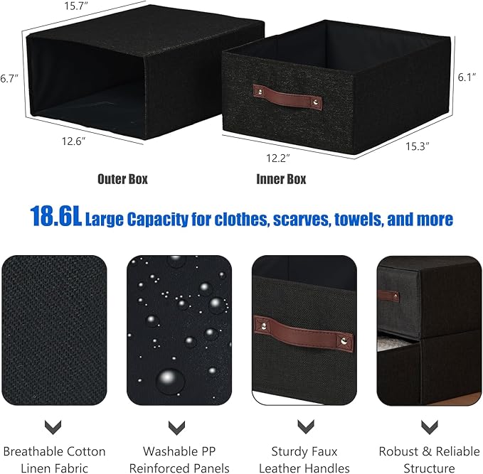 4PCS Closet Drawer Organizer Stackable Fabric Storage Boxes Bins Baskets with Lid PU Leather Handles Foldable Washable Cotton Linen Wardrobe Shelf Cloth Towels Container (Black, Large)