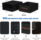 2PCS Closet Drawer Organizer Stackable Fabric Storage Boxes Bins Baskets with Lid PU Leather Handles Foldable Washable Cotton Linen Wardrobe Shelf Cloth Towels Container (Black, Large)