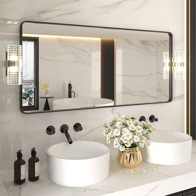 LOAAO 60X28 Inch Black Metal Framed Bathroom Mirror for Wall, Matte Black Bathroom Vanity Mirror Farmhouse, Large Rounded Rectangle Mirror, Anti-Rust, Tempered Glass, Hangs Horizontally or Vertically