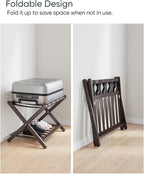 Pack of 2 Fully Assembled Bamboo Luggage Racks, Folding Suitcase Stand with Shoe Shelf, 5 Nylon Straps, Heavy Duty, Luggage Stands Ideal for Guest Room, Bedroom, Hotel, Espresso