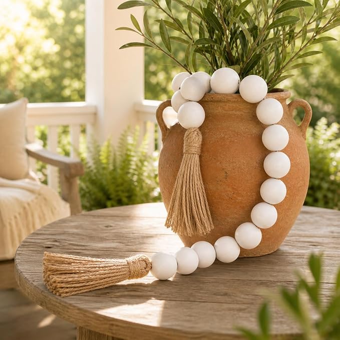 OMISHE 50" Long Extra Large Wood Bead Garland with 1.6" Diameter Wooden Beads and Tassels, Rustic Farmhouse Country Decorative Beads for Home Tiered Tray Decor, White