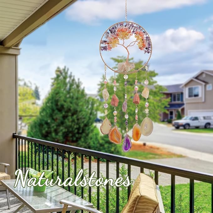 Agate Moon Dream Catchers with Crystal Color Gemstone Dream Catchers Natural Tree of Life Gem Agate Wall Hangings Room Garden Dreamcatchers Decor (Color)