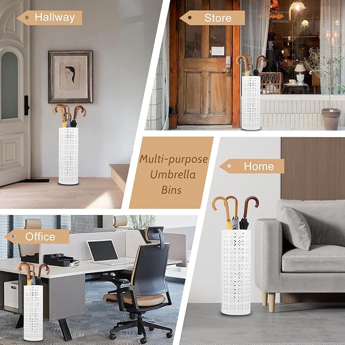 Umbrella Stand for Entryway, Metal Umbrella Holder, Freestanding Umbrella Stand Round Umbrella Holder Bin Waterproof Umbrella Storage Rack Indoor Walking Stick Holder for Home Entryway(15*42cm,White)