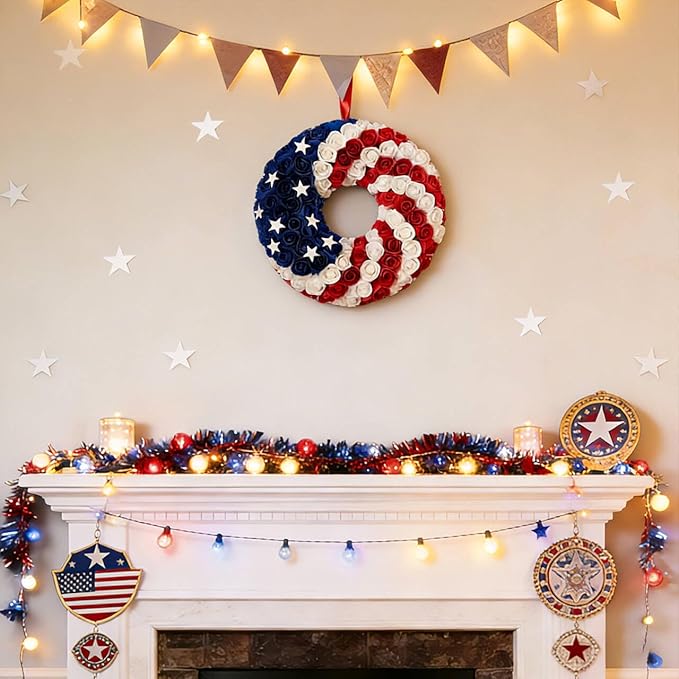 Idyllic 20 Inch Patriotic Wreath, PE Roses with Metal Stars, Suitable for Front Door, Wall, Home Decoration & Memorial Day, 4th of July Decorations