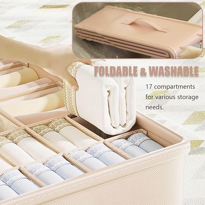 1 Pack Drawer Organizer Dividers with Lid, 17 Cell Underwear Organizer for Closet Organizers and Storage Boxes, Foldable Wardrobe Clothes Storage Bins for Underwear, Socks, Bras, Ties, Lingerie