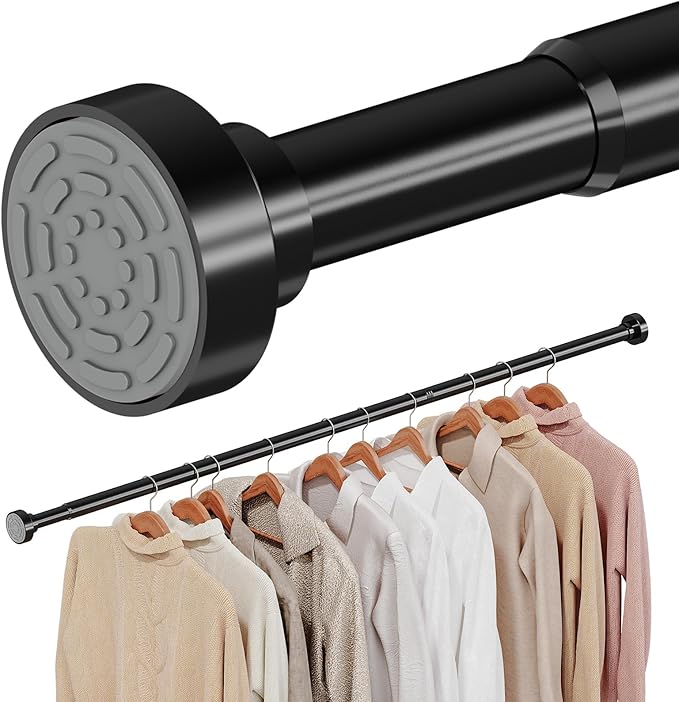 No Drilling Closet Rods for Hanging Clothes, Non Slip Tension Rod with Heavy Duty Clothes Hanging Rod, 17-54 Inches Adjustable Spring Closet Rod for Closet Wardrobe Bathroom Laundry RV, Black