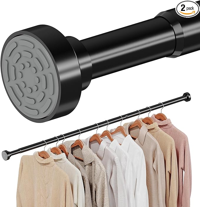 2 Pack No Drilling Closet Rods for Hanging Clothes, Non Slip Tension Rod with Heavy Duty Clothes Hanging Rod, 17-28 Inches Adjustable Spring Closet Rod for Closet Wardrobe Bathroom RV, Black
