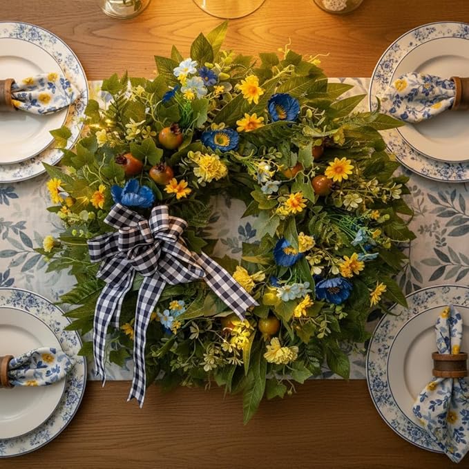 WANNA-CUL 24 Inch Year Round Spring Summer Wreaths for Front Door, Blue Yellow Floral Door Wreath with Pomegranates Daisy - All Season Decorative Wedding Wall Wreath Indoor Outdoor Farmhouse Decor