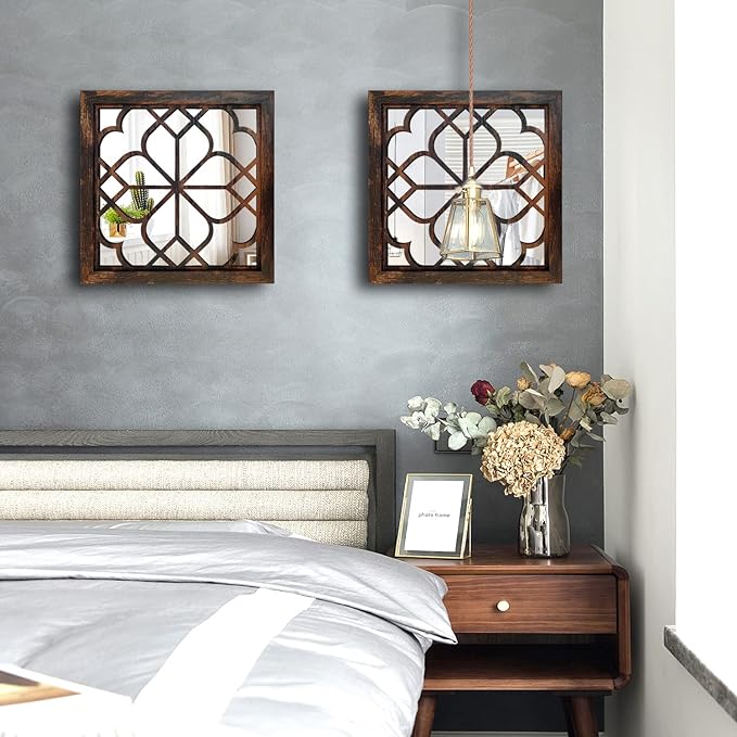 Wocred 2 PCS Square Wall Mirror,Gorgeous Rustic Farmhouse Accent Mirror,Caramel Color Entry Mirror for Bathroom Renovation,Bedrooms,Living Rooms and More(12”x12”)