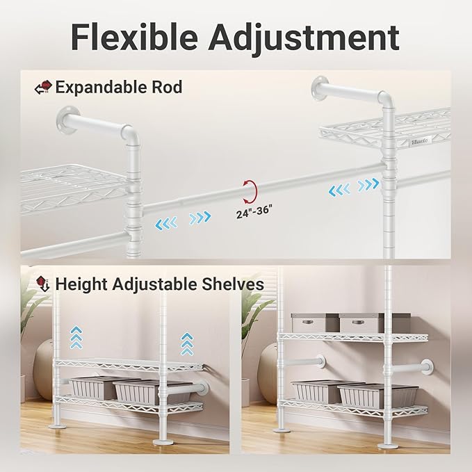 Timate F4 Wall Mounted Clothes Rack Industrial Pipe Clothing Rack for Hanging Clothes, Expandable Garment Rack Heavy Duty Wardrobe Closet Organizer and Storage, Adjustable Industrial Closet Kit, White