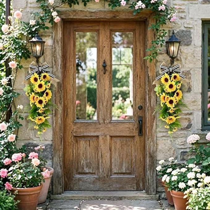 23.6inch Artificial Sunflower Swag for Front Door Faux Sunflower Teardrop Swags Wreath with Linen Bow Spring Summer Floral Swag for Farmhouse Wall Window Cabinet Decor