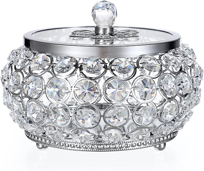 Hipiwe Crystal Jewelry Trinket Box with Glass Lid Large Silver Mirrored Treasure Box Decorative Jewelry Box Ring Earrings Necklace Storage Keepsake Box Gift for Women