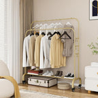 SUOERNUO Garment Rack with Wheels Clothing Rack for Hanging Clothes Multi-functional Bedroom Clothes Rack，Gold+Double Rods
