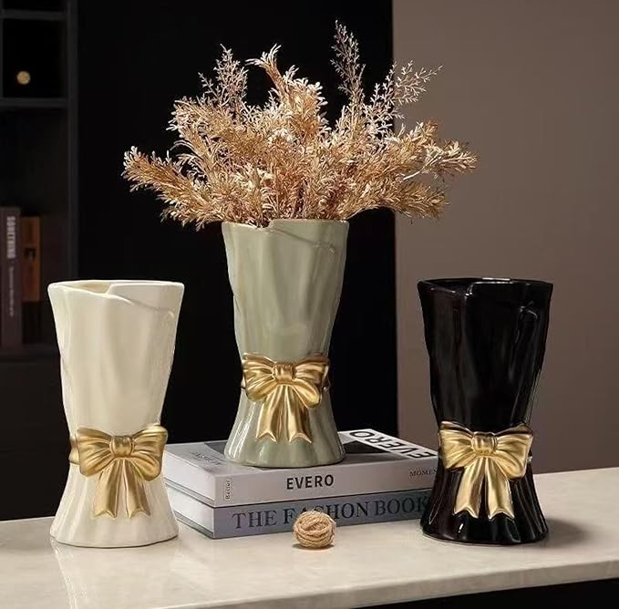 Bow Vase, Black Flower Vase for Home Decor, Black Ceramic Vases for Boho Style, Bow Decor, 9.3 Inch Flower Vases for Bouquet, Ideal Shelf Decor/Table. (Large)
