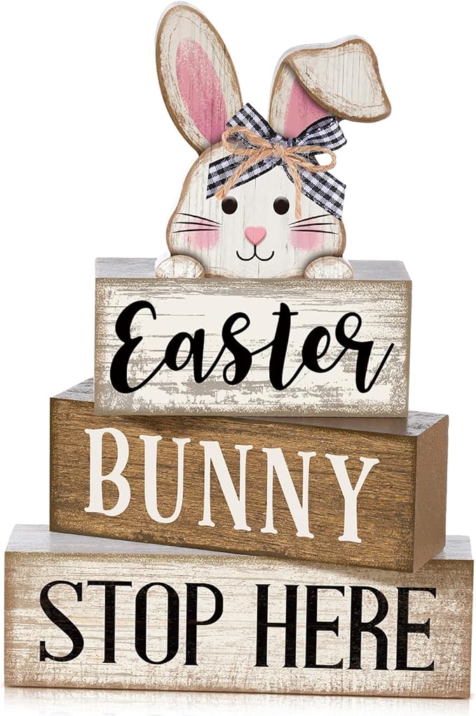 Moucuny 4 Pcs Easter Bunny Table Decoration Stacked Wooden Bunny Block Decor 3-tier Tabletop Sign with 3D Rabbit, Rustic Farmhouse Easter Decorations for Home Egg Hunt Party Centerpiece Gift