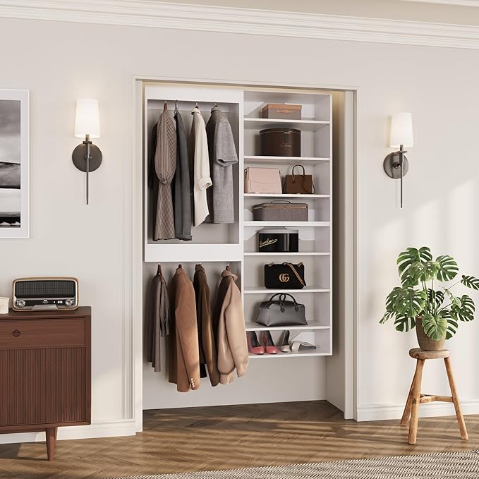 ROOMTEC Modular Closet System, 67" Wall-Mounted Closet Organizer with Hanging Rods and Shelves, Wooden Tower for Walk-In Closets, Wardrobe Storage Kit, White