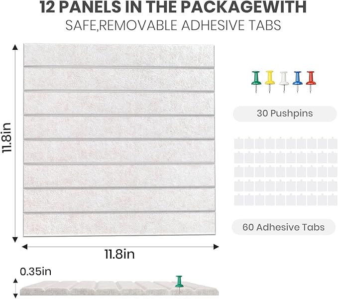 Large Cork Board Alternative 48” X 36” Felt Bulletin Board Tiles, with 30 Pushpins, 60 Adhesive Tabs,12-Pack Slat Wall Paneling, Cork Boards for Office Push Pin Board Felt Board - Oatmeal