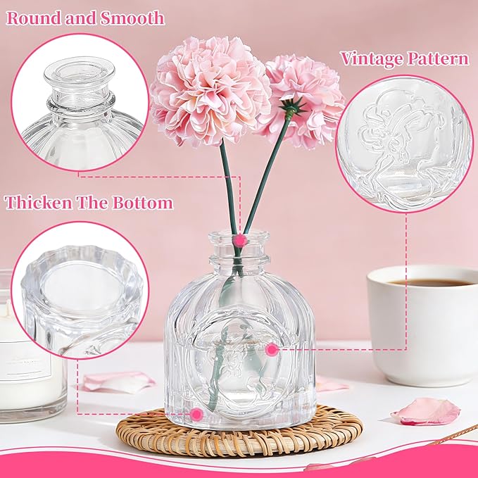 32pcs Glass Bud Vases,Small Clear Vases,Wedding Centerpiece Table Decorations,Clear Vintage Embossed Mini Vase,Flower Arrangements in Vases for Party or Home Decor