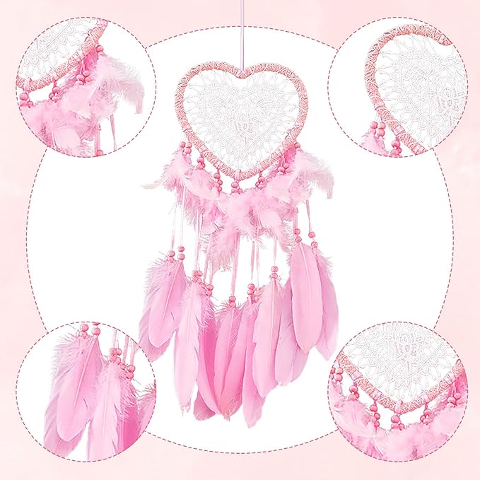 Dream Catcher,Lovely Heart Shape Dreamcatcher Handmade Lace Dream Catcher Feather Bead Wall Hanging Boho Woven Art Ornament Gift Craft Dreamcatcher Wind Chimes for Home Children Bedroom Decor (Pink)