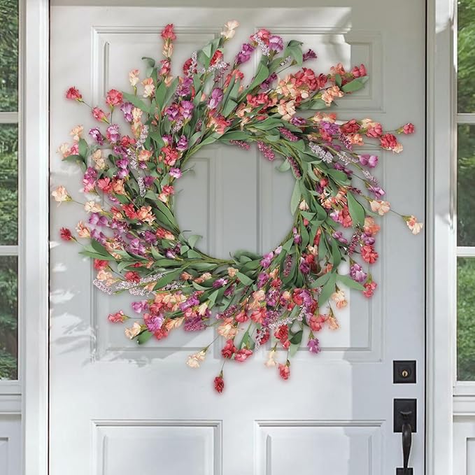 Artgar Front Door Wreath 24 Inch Spring/Summer Wreaths for Front Door, Front Door Wreaths for All Seasons for Indoor Outdoor Home Office Wall Window Wedding Farmhouse Decor (Red&Orange&Purple)