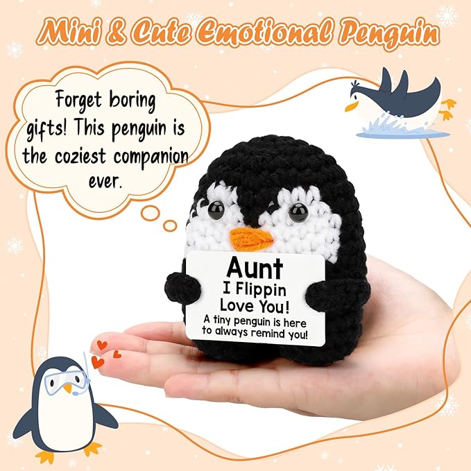 Belatelove Birthday Aunt Gifts from Nephew Niece, Handmade Crochet Penguin Birthday Mother's Day for Auntie Aunt, Funny I Love You Best Auntie Ever Cool Small Easter Decor