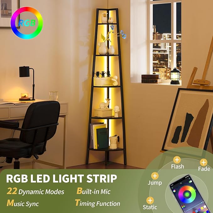 Yoobure Corner Shelf Stand, 5-Tier Bookshelf with LED Lights & Steel Frame, Tall Storage Shelves for Living Room, Bedroom, Office, Multi-Purpose Display Bookcase