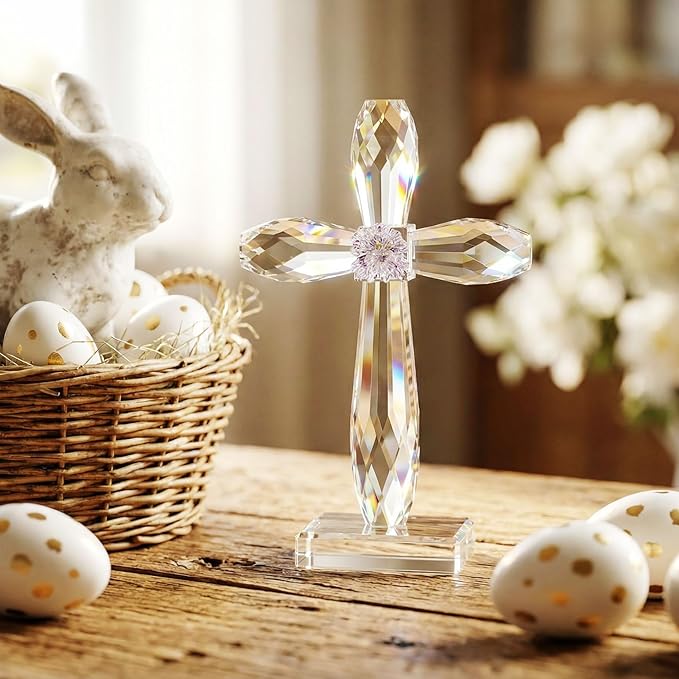 YWHL Crystal Standing Cross Decor, Religious Easter Gifts for Women Men, Handmade Glass Holy Cross Collectible Figurines for Home Decoration, Christmas Decoration for Pary