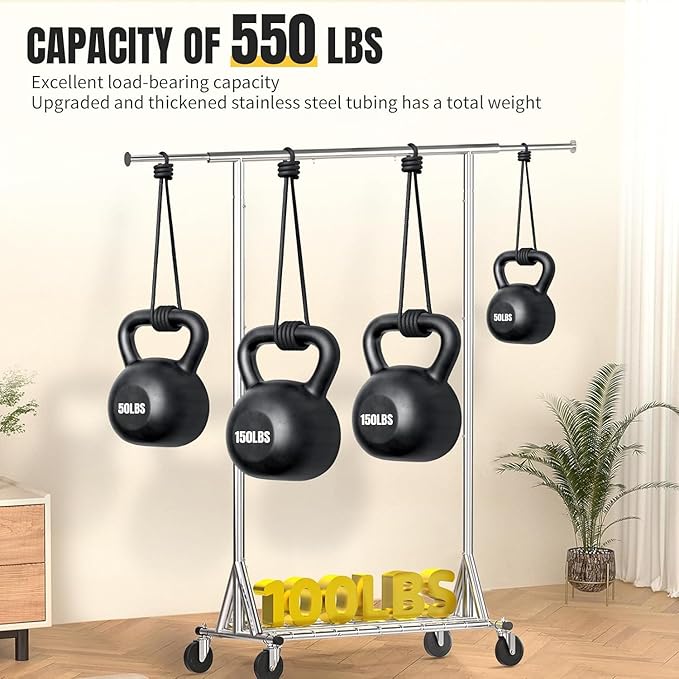 Clothing Garment Rack Capacity 550LBS Rolling Clothes Rack on Wheels - Heavy Duty Commercial Storage Organizer - Mobile Clothes Rack with Multifunctional Design (Silver)