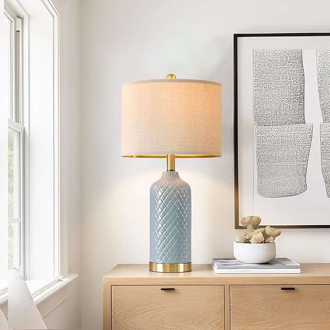 24.25" Modern Ceramic Blue Table Lamps Set of 2 for Living Room Bedroom Bedside Table Lamp for Night Stands Boho Nightstand Lamp Coastal Side End Table Lamps Reading Light Home Office Dorm Deco Gifts