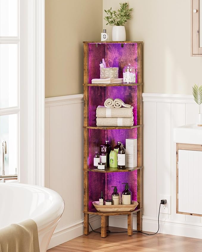 Corner Shelf Stand, 5 Tier Corner Bookshelf,Corner Furniture for Bedroom Display Corner Shelf for Small Space,Wood Shelves with Storage Rack for Living Room,Office, Rustic Brown