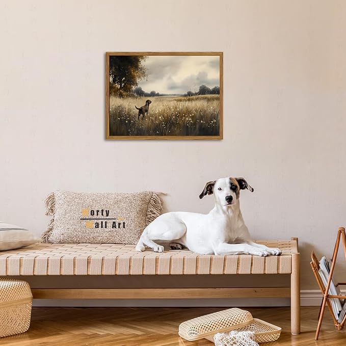 Framed Vintage Hunting Black Dog Wall Art, Rustic Country Landscape Pictures Wall Decor, Farmhouse Animal Paintings Canvas Prints for Home Living Room Bedroom 16x24 inch