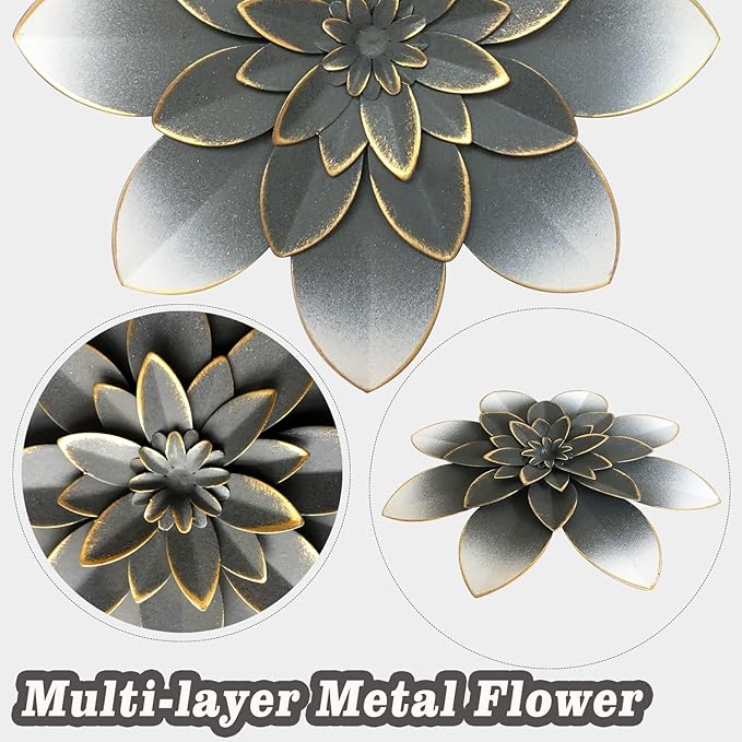 Grey Metal Flower Wall Art Decor, 9.5" Rustic Modern Floral Sculpture, Distressed Iron Wall Hanging Home Decoration Accent for Indoor Kitchen Bedroom Living Room Office Outdoor Garden Patio