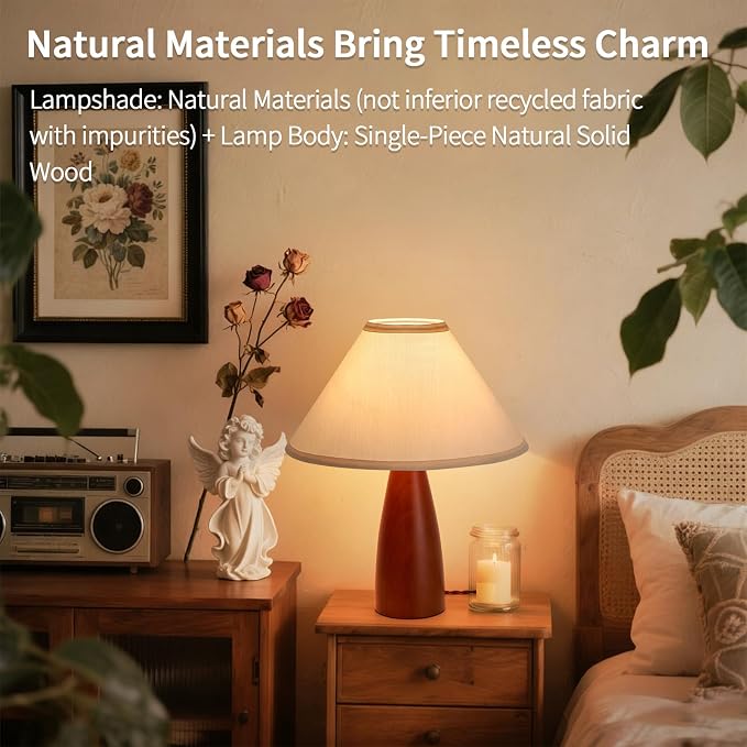 Bedside Table Lamp for Bedroom, Mid-Century Modern Plug in Fabric Shade & Solid Wood Base Desk Lamp, Plug & Play Red Wood Nightstand Lamp for Living Room 【Bulb Included】