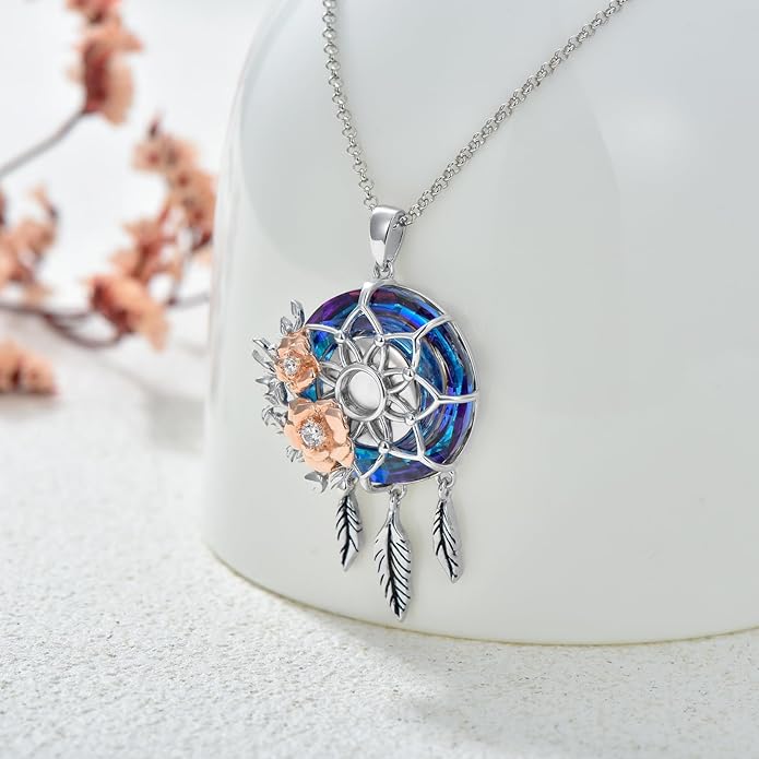 Dream Catcher Crystal Pendant Flower Urn Necklace Jewelry 925 Sterling Silver Keepsake Cremation Necklaces for Human Pet Ashes for Women