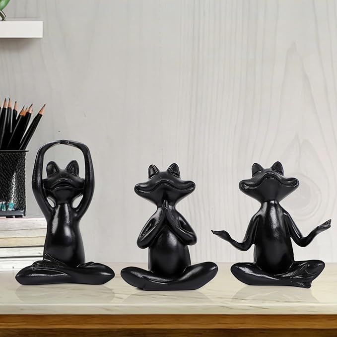 Suoedd Black Frog Figurines Yoga Decor Set of 3 –Frog Yoga Statues for Modern Living Room Table Office Bookshelf Shelves Home Sculptures Decor
