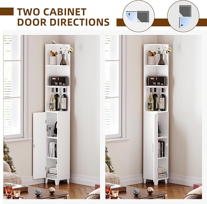 MOHOPE Corner Shelf with Cabinet, 74.8" Tall Corner Cabinet with Door, 5-Tier Narrow Bookshelf with Adjustable Shelves, Display Cabinets for Living Room, Bathroom, Dining Room, Small Space, White