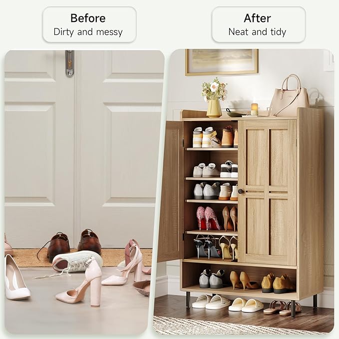 ONBRILL Shoe Cabinet with Cross Molding Doors, 6-Tier Shoe Storage Cabinet with 3 Adjustable Shelves and Metal Legs, 45'' Tall Shoes Rack Organizer Cabinet for Entryway, Front Door, Natural Oak