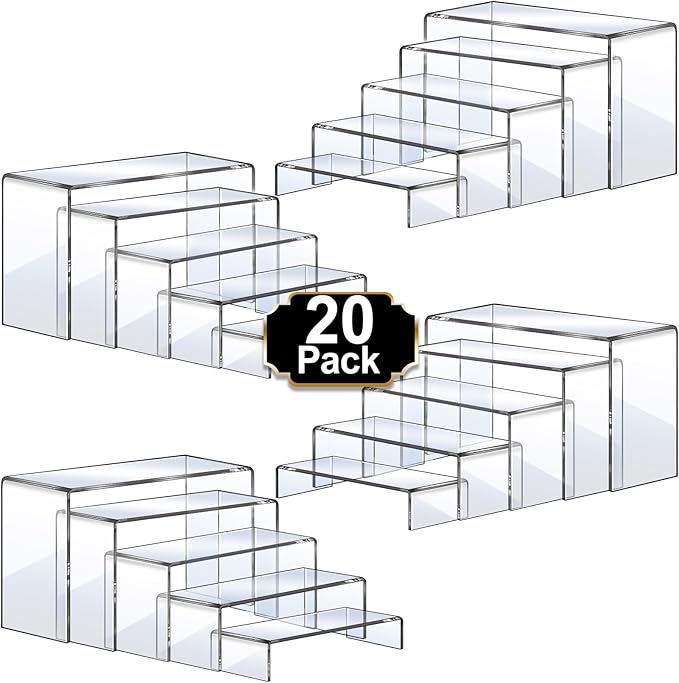 Aheroi Acrylic Risers, 20 Pcs 4 Set Display Stands, Clear Rectangular Risers for Decor, Cupcake Funko, Shoe Display (1-3-4-5-6IN)