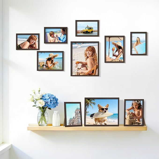 15 Pack Picture Frames Collage Wall Decor, Walnut Frame Set with 3pcs 8x10, 6pcs 5x7, 6pcs 4x6 for Gallery Display, Wall Mounting & Tabletop, Bulk Photo Frames for Living Room Decor