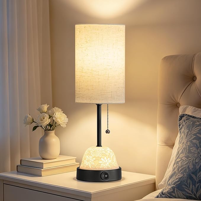 SIBRILLE Table Lamp for Bedroom, Dual Light Nightstand Lamp with Fabric Shade & Ceramic Carved Night Light Base, Individual Controls Bedside Lamp for Living Room, 8W LED Bulb Included