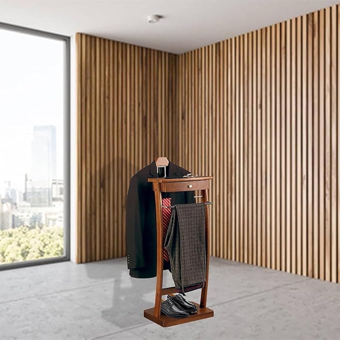 Wood Clothes Valet Stand with Tray, Floor Standing Suit Valet Stand with Drawers and Front Trouser Rack, Men's Valet Stand, for Living Room Office Dressing Room 44.4x30x112.2 cm (Black)