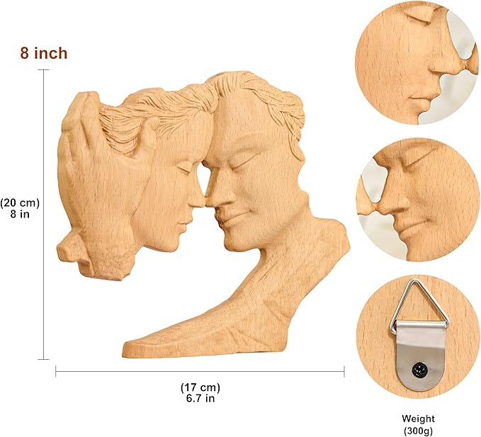 BGCOPPER Wooden Couple Statue, Abstract Couple Sculptures Ornament for Home Decor Women Gift for Anniversary Wedding (8 Inch)
