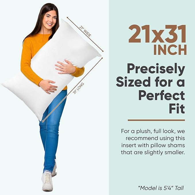 Pillowflex Synthetic Down Pillow Insert - 21x31 Down Alternative Pillow, Ultra Soft Oversized Queen Bed Sleeping Pillow, Large Rectangle Sham - 1 Decorative Pillow Form